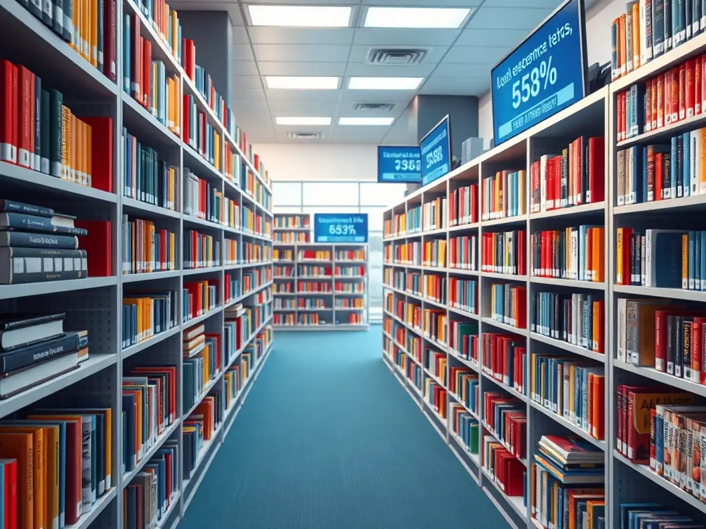 A digital library showcasing books and articles on cybersecurity topics, with colorful shelves and digital screens.