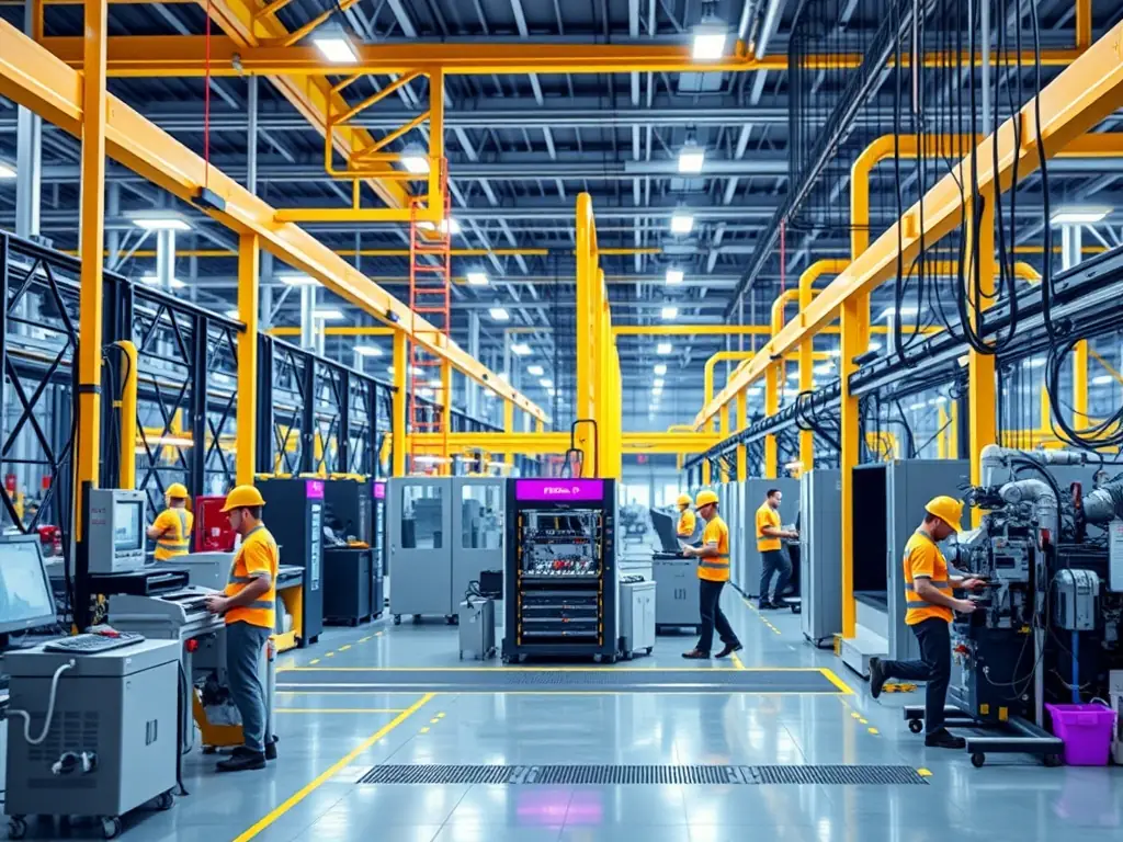 3D model of a manufacturing plant with secure network systems, showcasing cybersecurity in the industry.