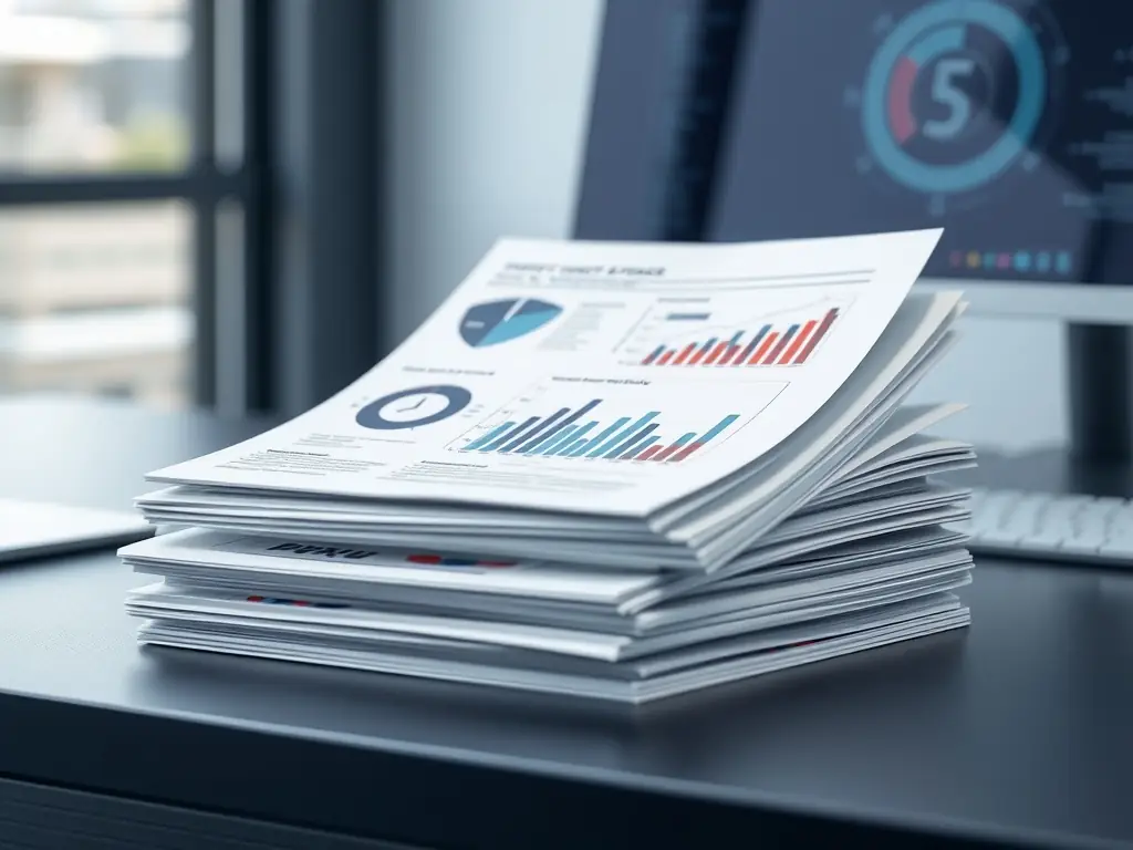 A stack of whitepapers with cybersecurity graphs and charts on a sleek desk.