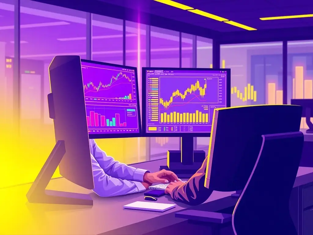 Financial analyst working on a secure computer system, symbolizing cybersecurity in the financial sector.